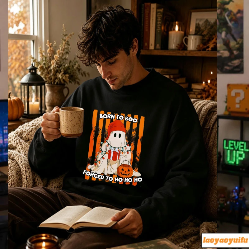 Born To Boo Forced To Ho Ho Ghost Santa Hat Gift Box Pumpkin Lantern String Light Striped Pullover Casual Xmas Halloween Tops