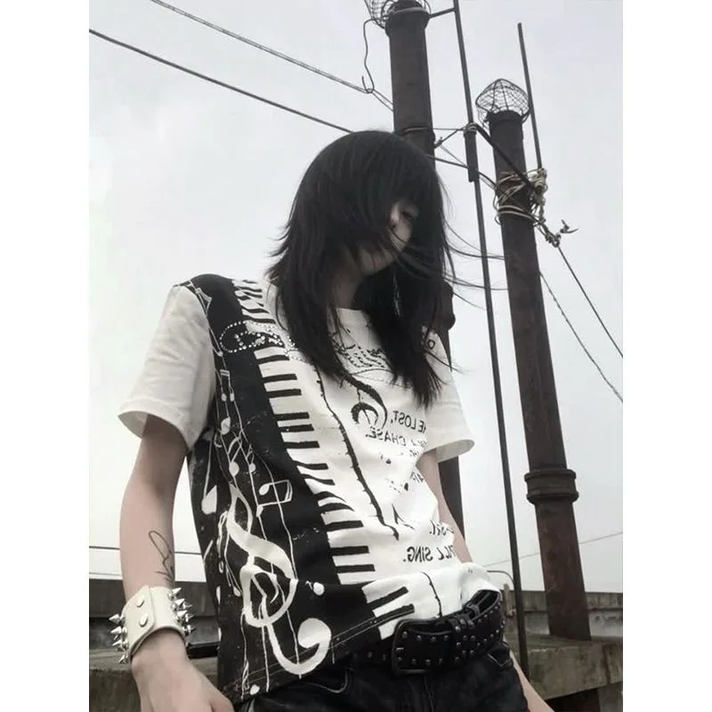 Vintage Music Score Printed Crop T Shirt Rhinestone Decor Letter Slogan Slim Fit Crew Neck Street Casual Short Sleeve Top
