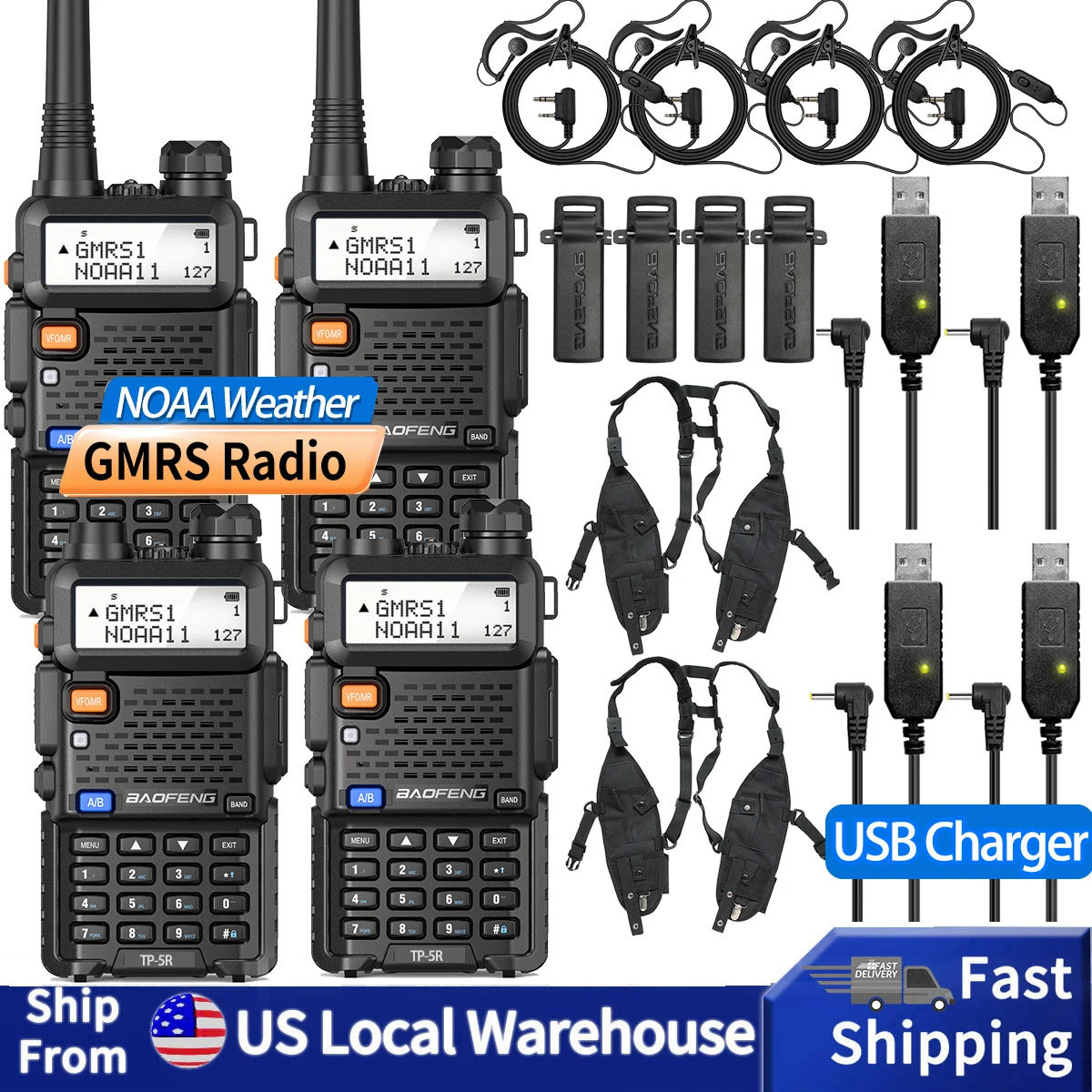 2/4 PCS BAOFENG UV-5R GMRS Walkie Talkie USB Charger VHF UHF NOAA With Double Chest Bag Long Range VOX Ham Radio Two Way Radio