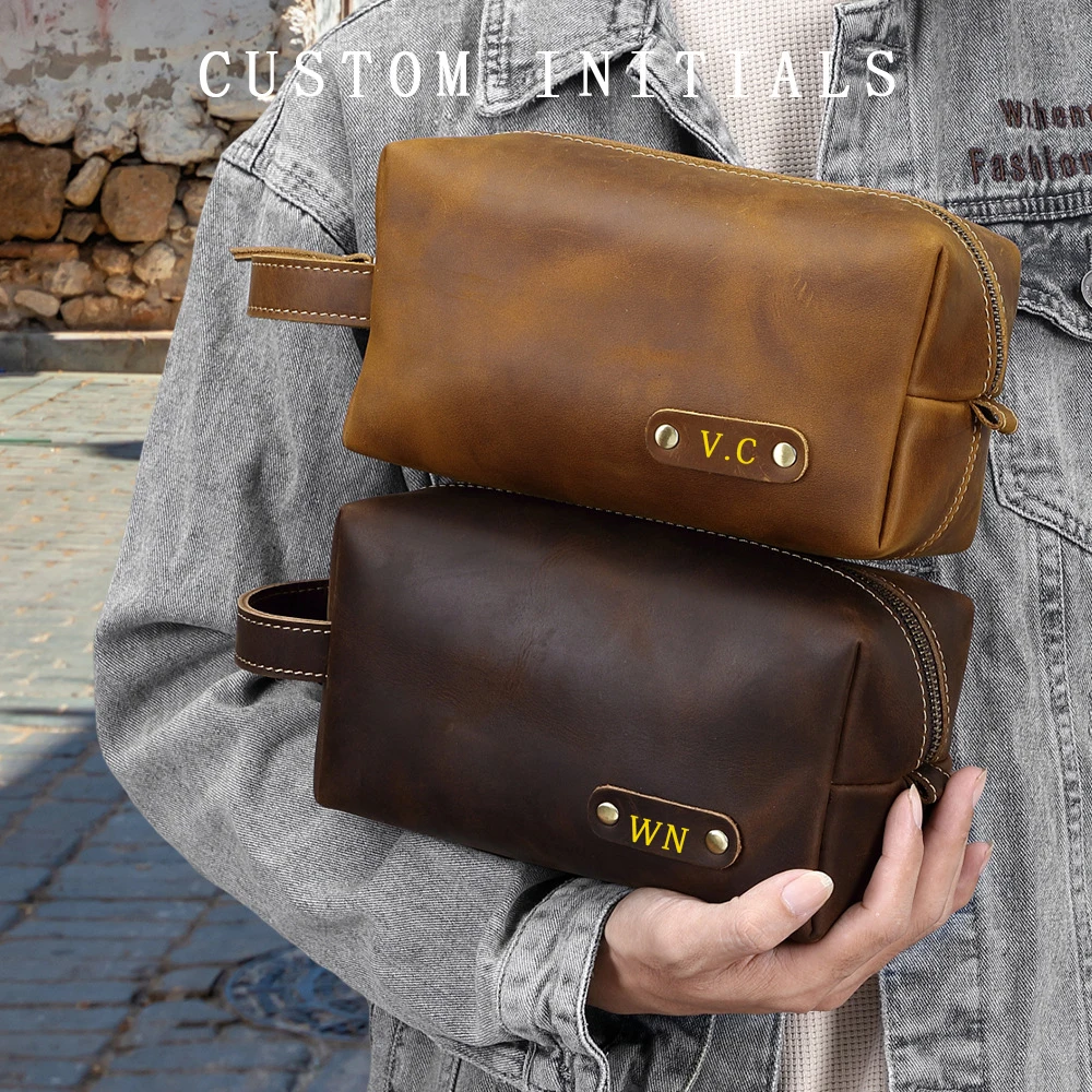 Bolsa de aseo de cuero genuino, bolsos de mano para hombre, Mensajero para hombre, primera capa de piel de vaca, almacenamiento de viaje, diseñador para hombre, bolso de mano retro para hombre, resistente al desgaste,