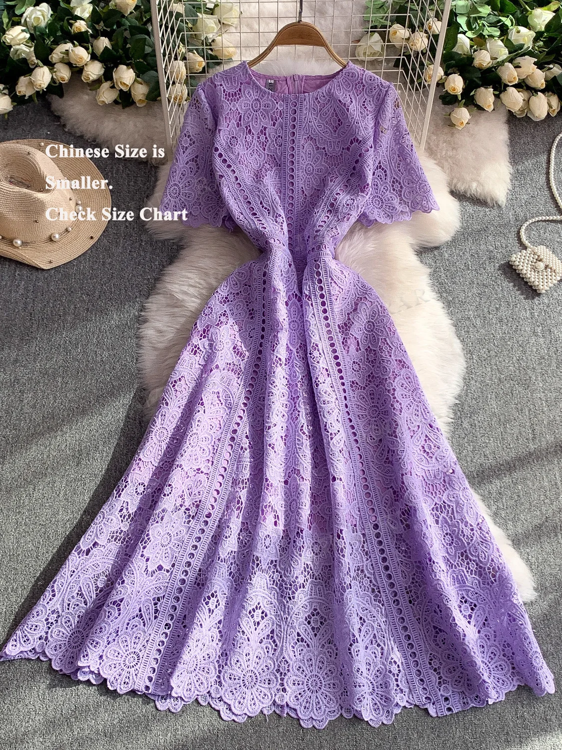 Hollow Out Embroidery Prom Evening Long Dresses Women Summer Short Sleeve Party Dress Birthday Crochet Pleated Formal Occasion