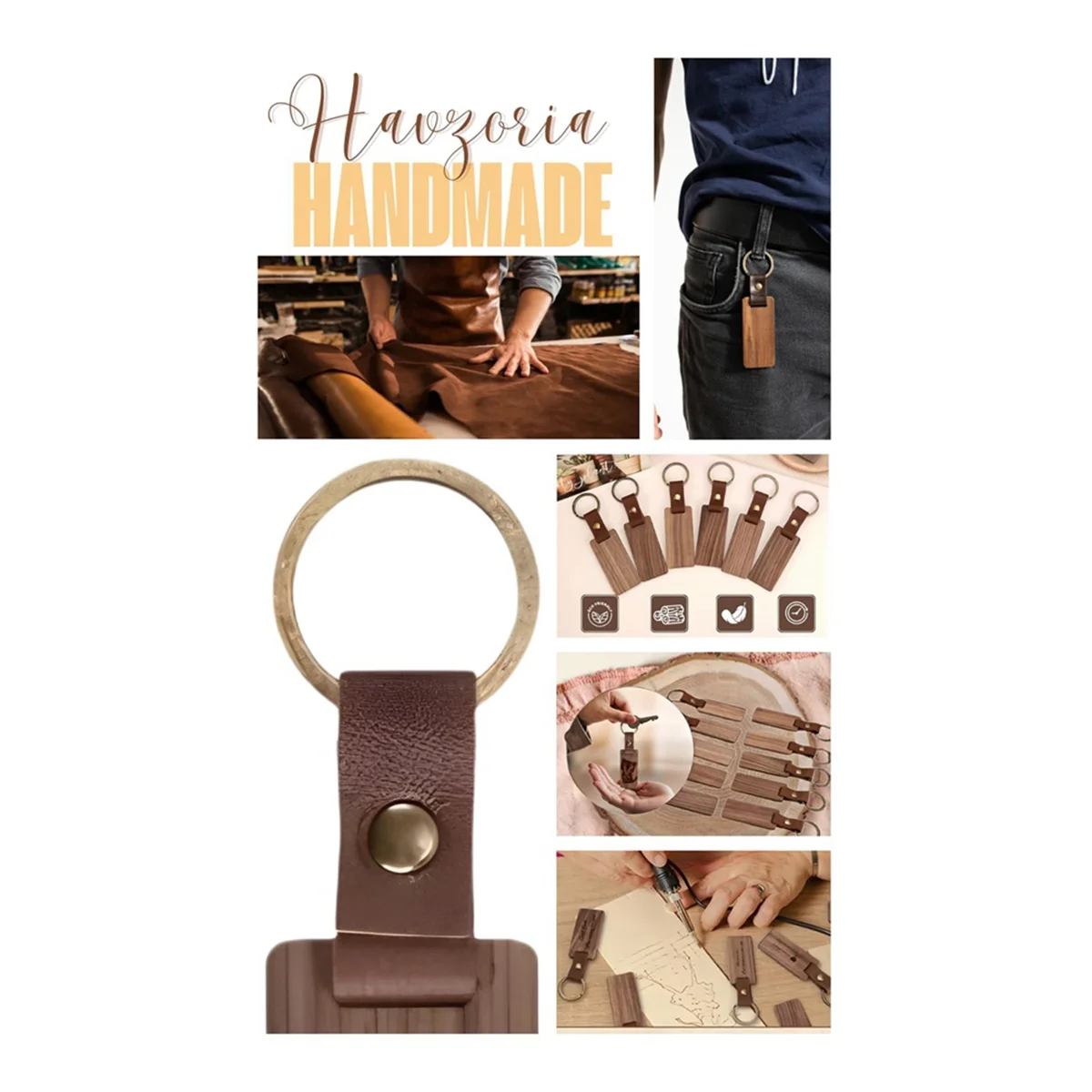 ELBA_Multi-Pack Wood Keychain Blanks Unfinished with Strap Keychain 3Pcs