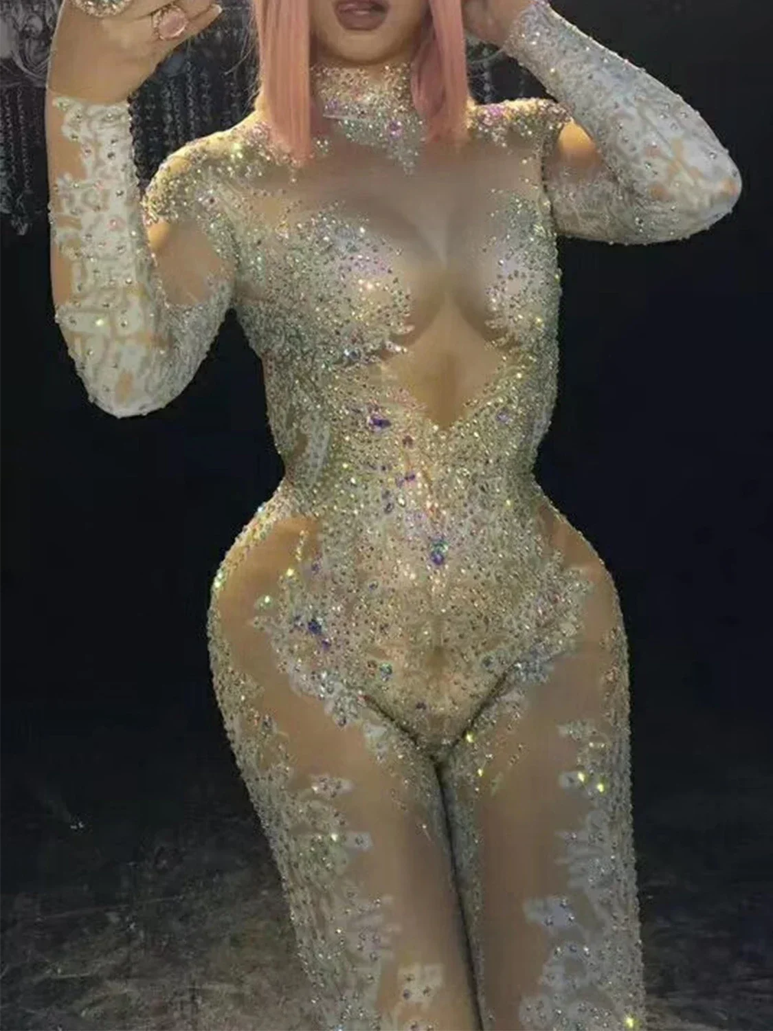 Nude Shining Sparkly Rhinestones Long Sleeves Sexy Jumpsuits For Women Nightclub DJ Pole Dance Wear Stage Drag Queen Outfits