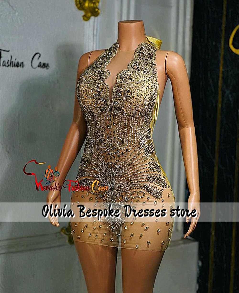 Seductive Gold Crystal Beading Prom Dress Halter Birthday Dresses Black Girl 2024 Sheer Mesh Mini Cocktail Gown Customized
