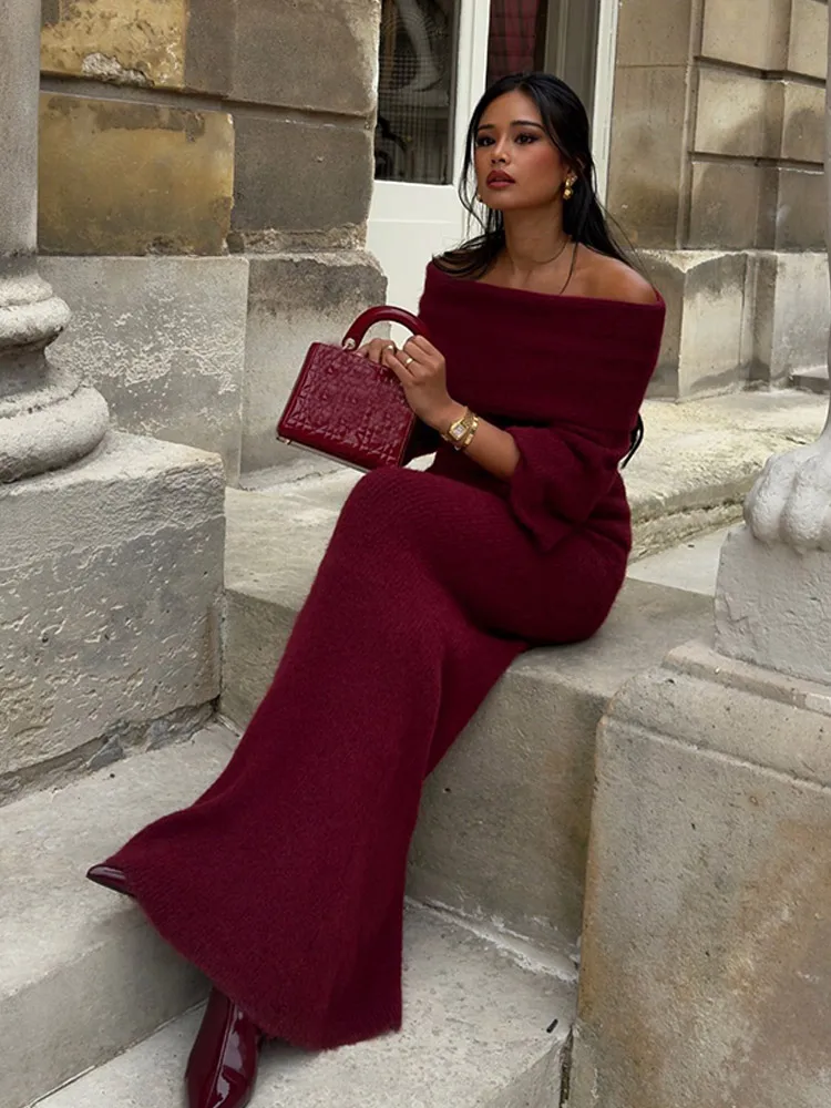 Women Elegant Burgundy Color Off Shoulder Knitted Dress Chic Long Sleeve Waist Up Warm Vestidos 2024 Lady New Party Evening Robe