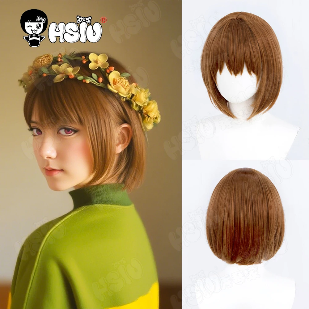 Frisk chara Parrucca Cosplay Parrucca sintetica in fibra「HSIU」30Cm Parrucca corta marrone chiaro + berretto per parrucca Parrucca di Halloween Parrucca cosplay UNDERTALE Chara