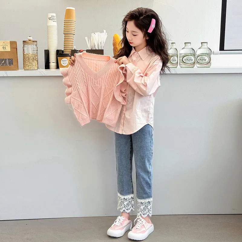 2024 Girls Spring Autumn Vest Shirt Set For Spring, Middle Senior High School Students, And Fashionable Childn's