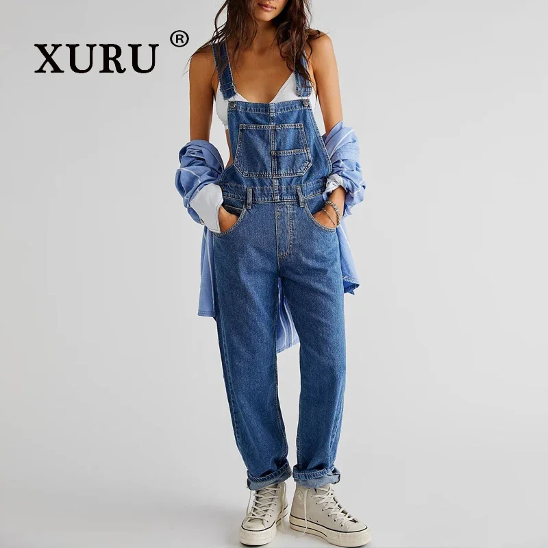 

XURU-Women's Loose Strap Jeans, Casual Straight Pocket, Long Jeans, European and American Wear, K1-3265