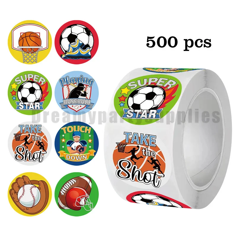 1 Roll 500pcs Mixed Sports Theme Round Stickers Basketball Soccer Baseball Rugby Reward Labels Kids Classroom Incentive Sticker