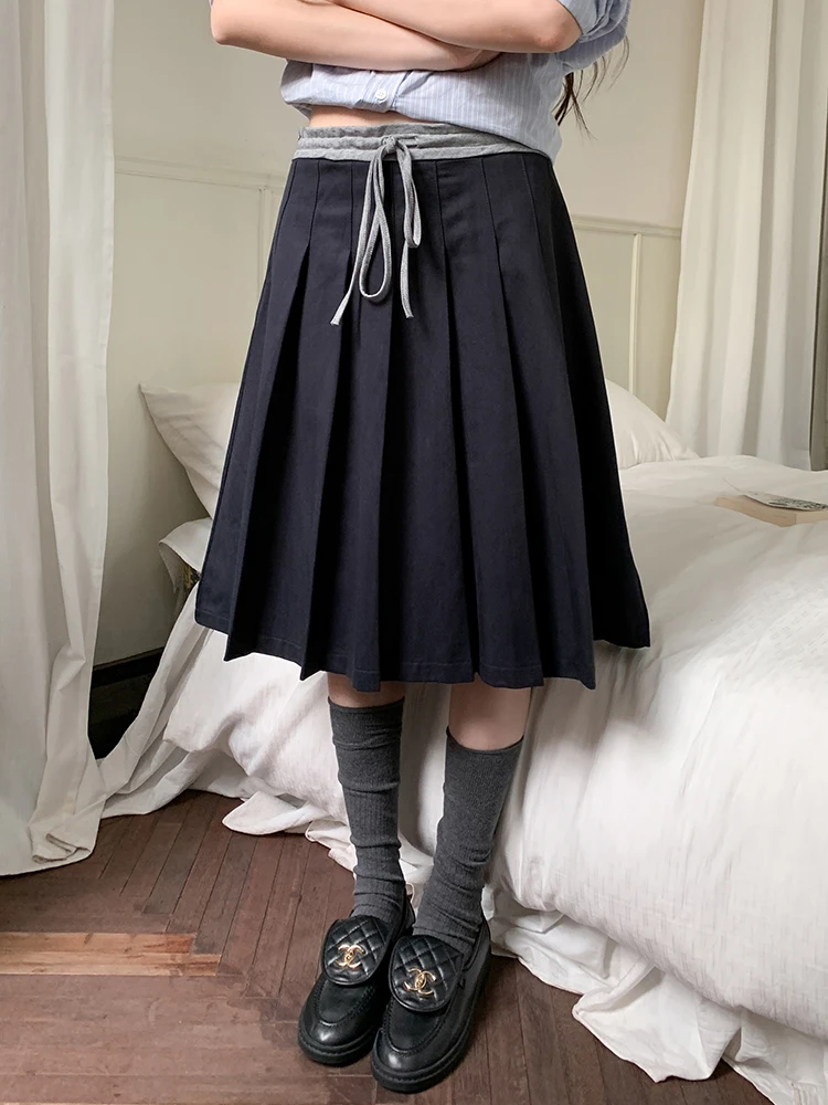 

College Sle Midi Skirt Women's Plaid A-Line Skirt k Blue Spring New Arrival Youthful High Waist Pleated Loose Fit