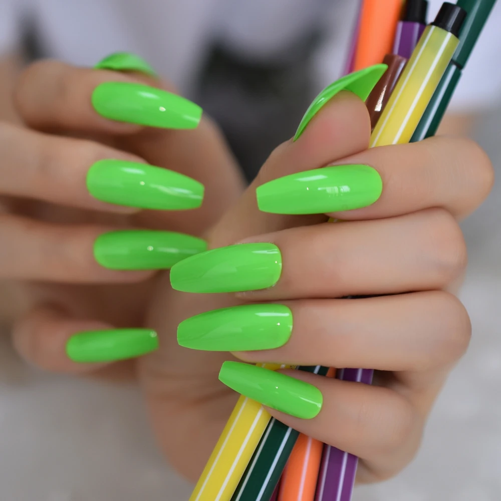 NEON Nails Wonderful Summer Green False Nails Bright Color Beautiful Extra Long Coffin Press on Nail with Adhesive Glue Sticker