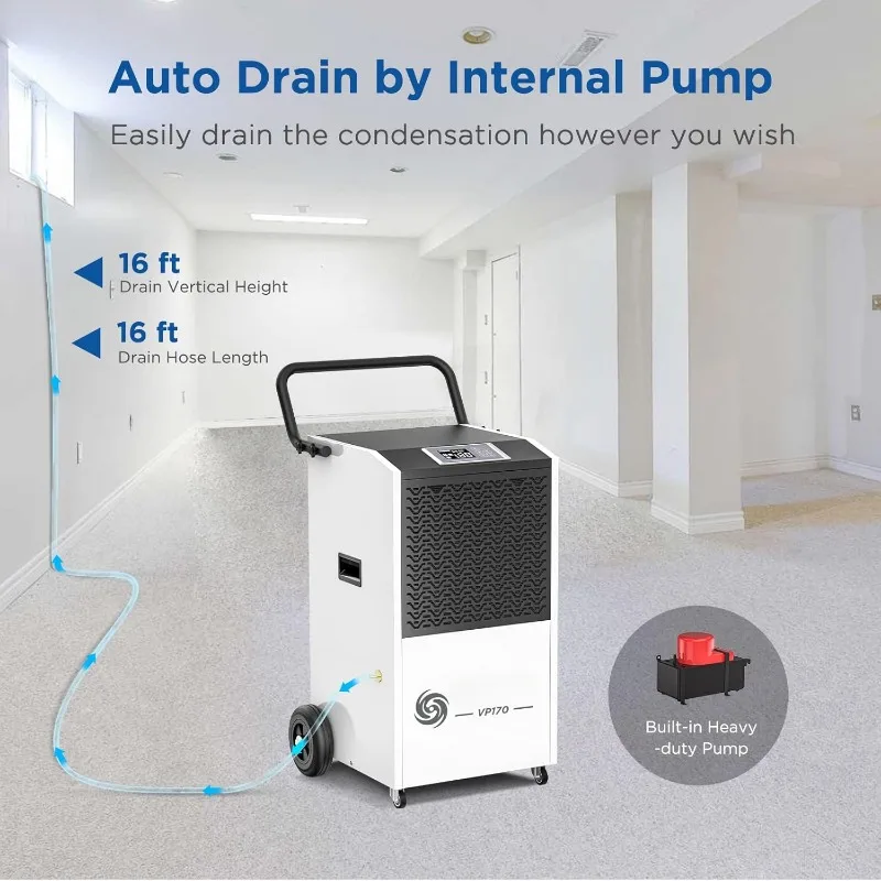 170 Pints Commercial Dehumidifier with Pump and Drain Hose for Basements and Large Spaces up to 7,500 Sq Ft