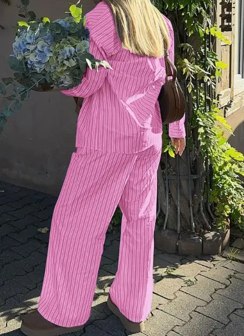 

2025 Two Piece Women's Fashion Latest Hot Selling Casual Vacation Striped Long Sleeved Pants Set for Women's Clothing In Autumn