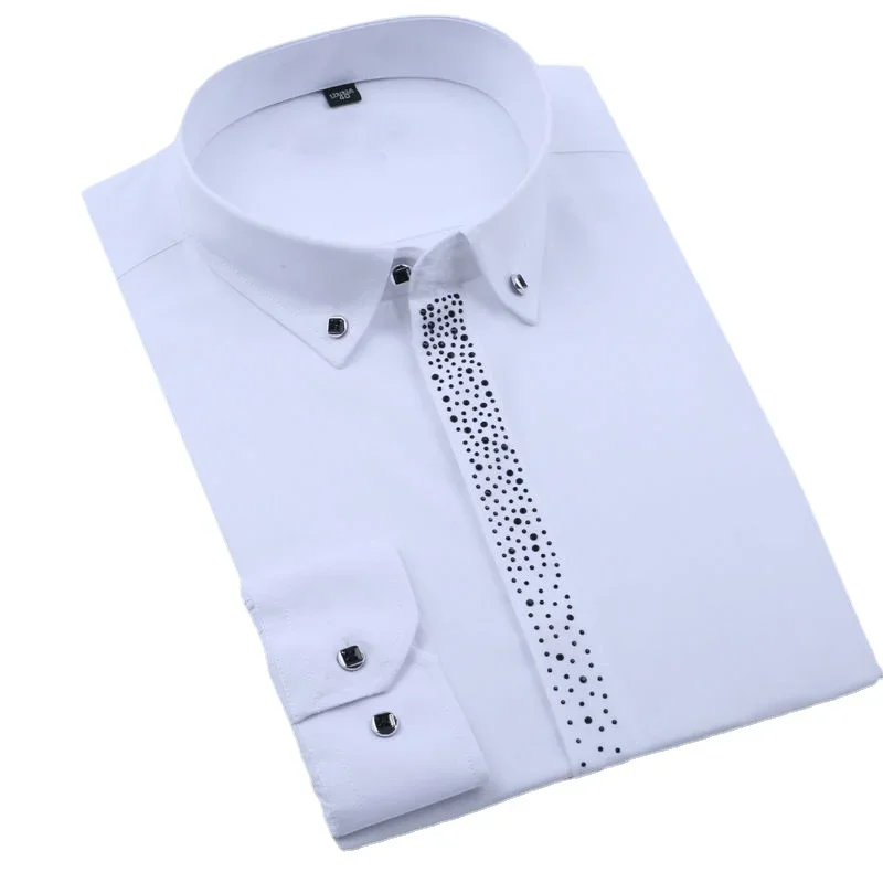 Men with Drilling Drill Diamond Inlaid Long -sleeved Shirts, White Dresses, Groom Wedding Groomsmen Banquet Shirts