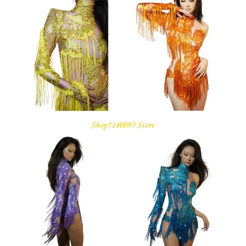 

DXAE Rhinestones Tassels Skinny Leotard Sparkles Fringe Bodysuits Acrobats Latin Dance Costume Raves Outfits for Women