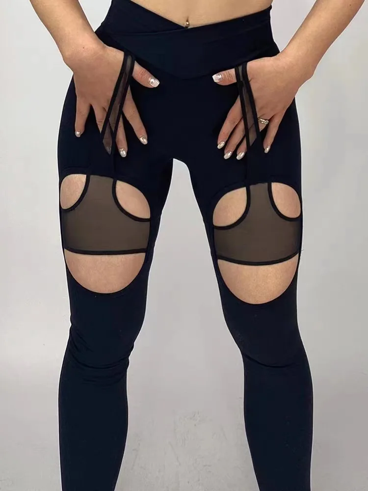 Women Sexy Mesh Splicing Two Pieces Yoga Set Unique Asymmetric Yoga Top Nuding Feeling Hollow Out Tight Slim Yoga Full Pants