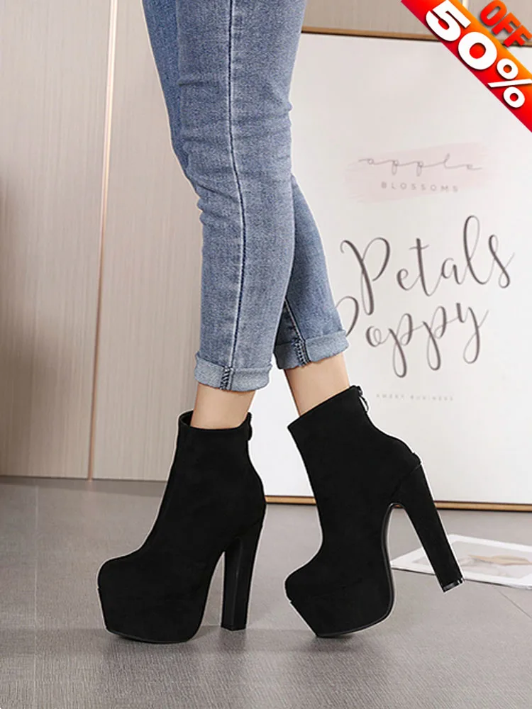 

14cm Nightclub Flock Ankle Boots Platform Coarse Heel Sexy Fetish Shoes Fashion Mature Women Models Show Party New Style Retro