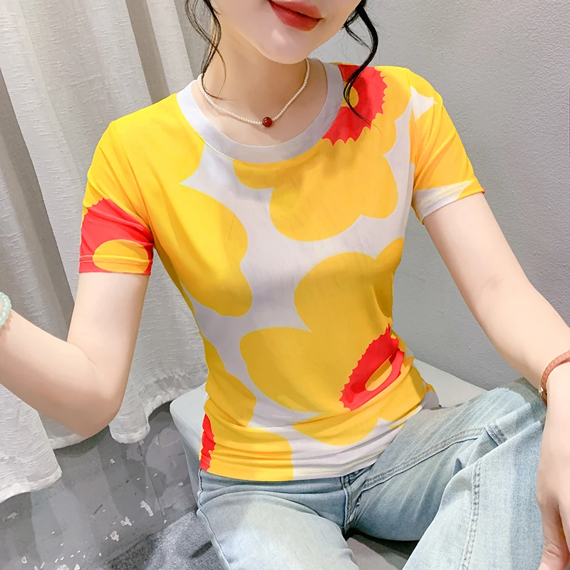 2024 New Summer European Clothes T-Shirt Chic Sexy O-Neck Print Flower Elastic Mesh Women\'s Tops Short Sleeve Casual Tees 46044