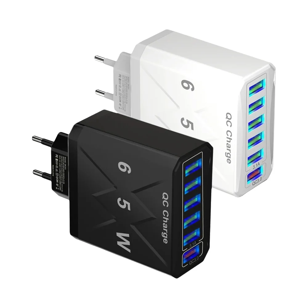 Ładowarka USB z 6 portami, szybkie ładowanie QC3.0, idealna w podróży, do iPhone 17, 16, Samsung, Xiaomi, Vivo – adapter do telefonów komórkowych, wtyczki EU, US, UK. — zdjęcie produktu 7