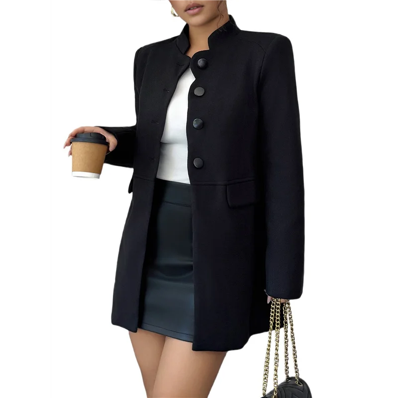 

BHBD-Женское зимнее пальто средней длины с воротником-стойкой, однобортное пальто, верхняя одежда, черный L