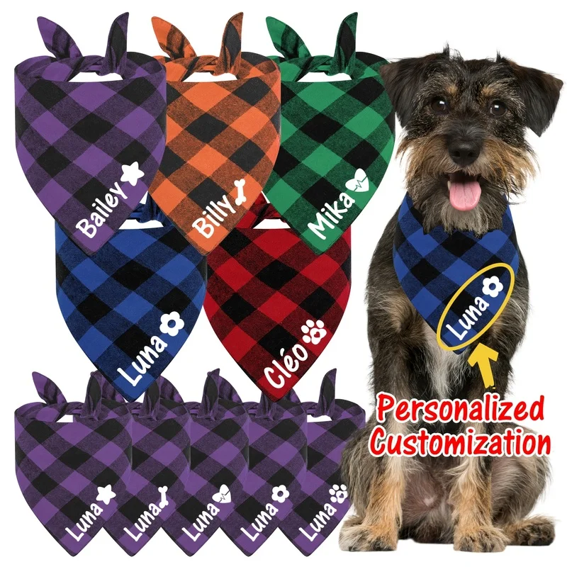 Personalized Dog Bandana Custom Name Plaid Pet Scarf Polyester Triangle Saliva Towel for Small Medium Dogs