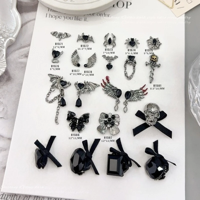 5Pcs Dark Style Nail Charms, Retro Black Bow Crystal Cluster Spider Skull Wing Alloy Ornaments for DIY Manicure Decor