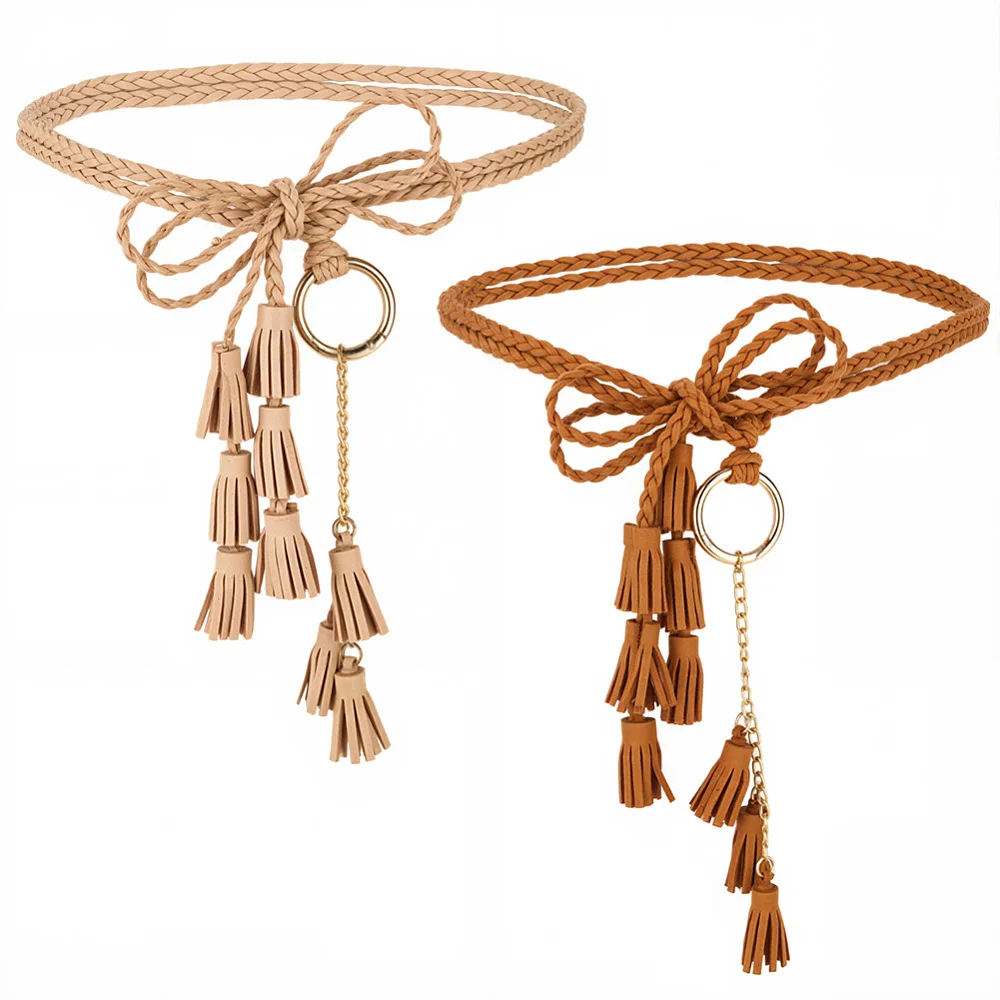 2Pcs 2 Colors Suede Tassel Braid Belt PU Leather Black Brown Woven Rope Tie Knotted Stretch Waistband