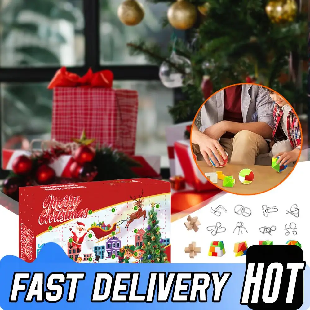 Quebra-cabeça de metal natal advento calendário presentes caixa de plástico metal quebra-cabeça de madeira natal contagem regressiva calendário caixa cérebro teaser brinquedo fidget