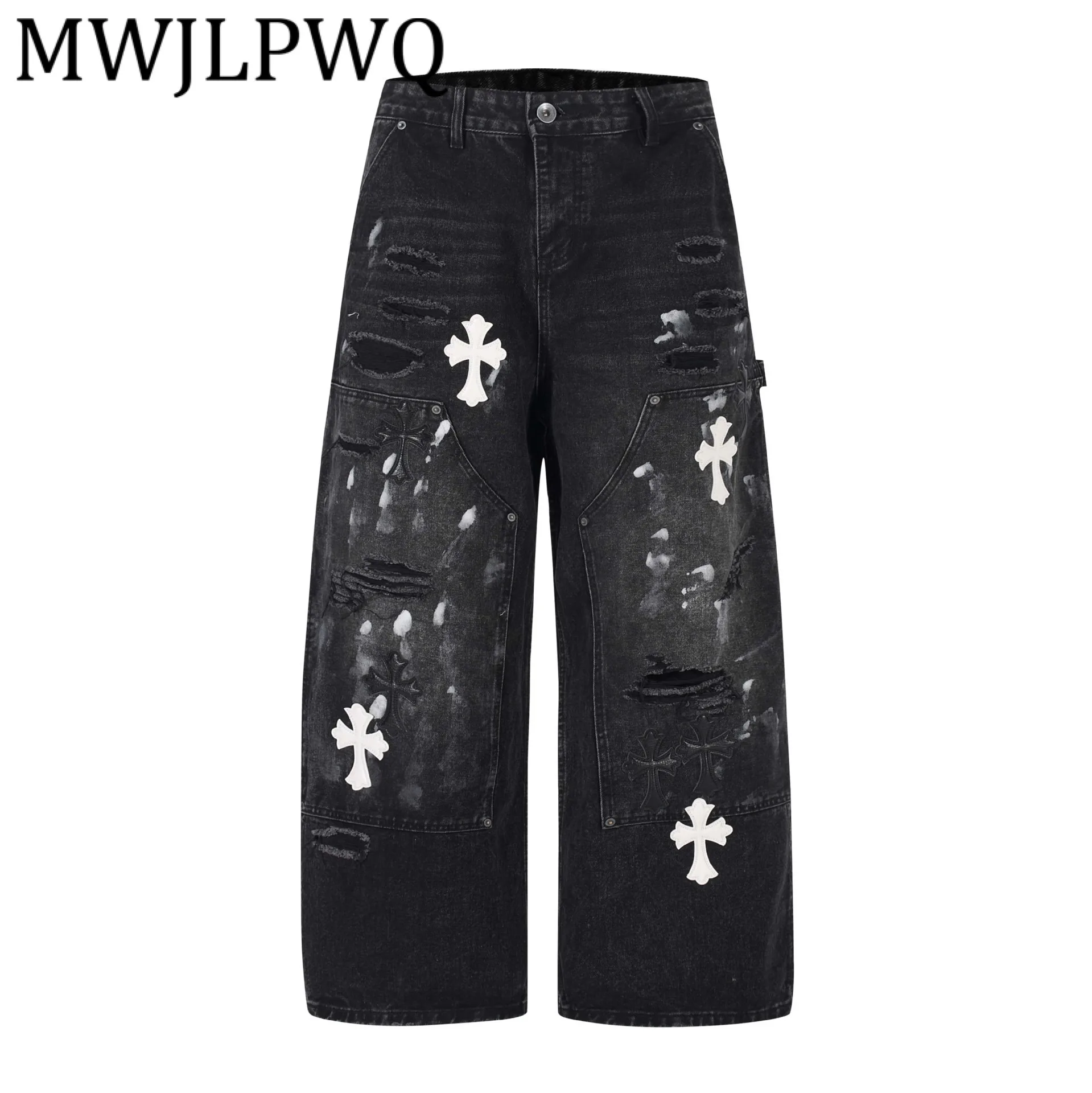 

MWJLPWQ трендовые потертые джинсы с принтом для мужчин, свободные широкие брюки в американском стиле, повседневные модные брюки длиной до пола 12300