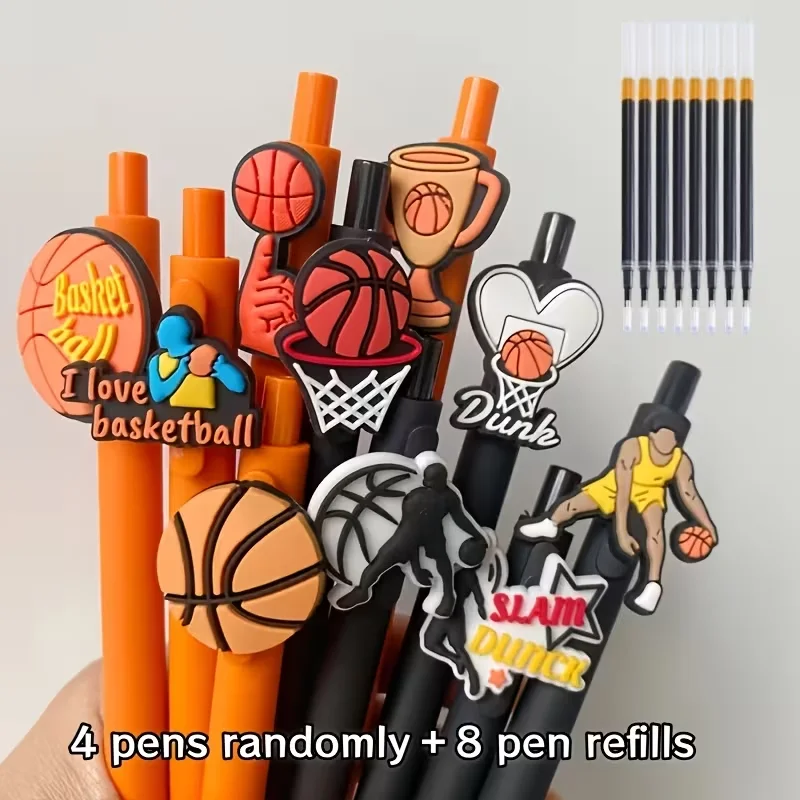 12 stylos à bille sur le thème du basketball, fournitures de bureau et scolaires pour la rentrée (4 stylos + 8 recharges)