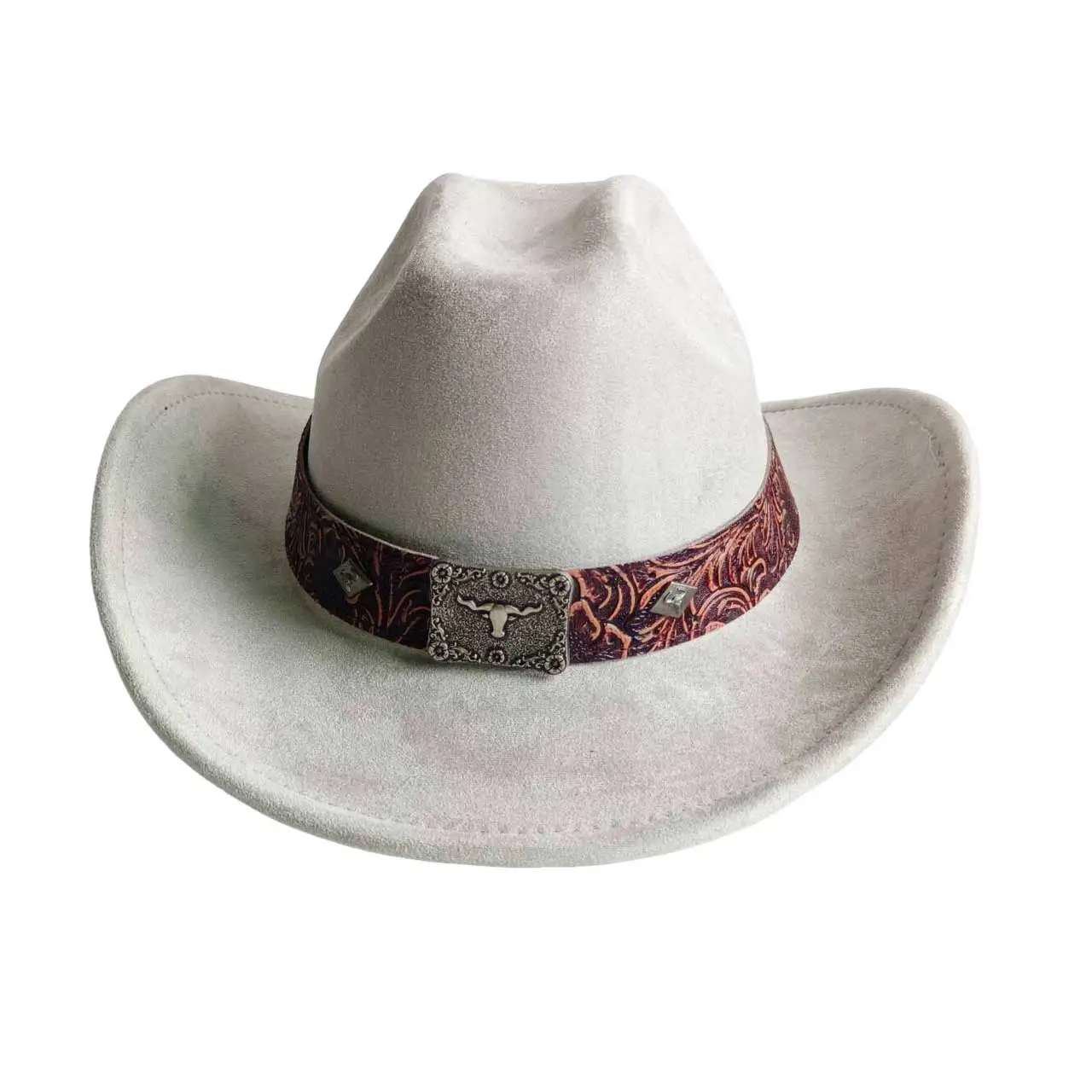 Kapelusz kowbojski z wegańskiego zamszu w stylu western, metalowe ozdoby z głową byka, kapelusz jazzowy panama, kapelusz unisex damski, sombreros vaqueros