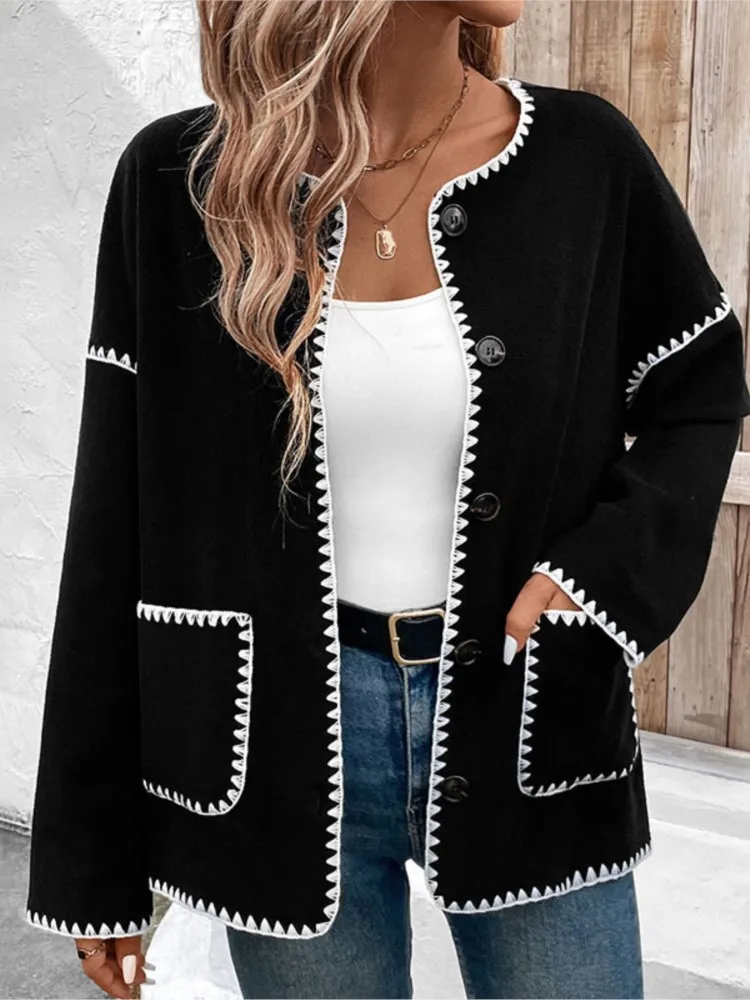 

New Women Autumn Polar Fleece Loose Coat Patchwork Jacket Single Breasted Long Sleeve Coat Winter Lady Pocket Casual Outwear