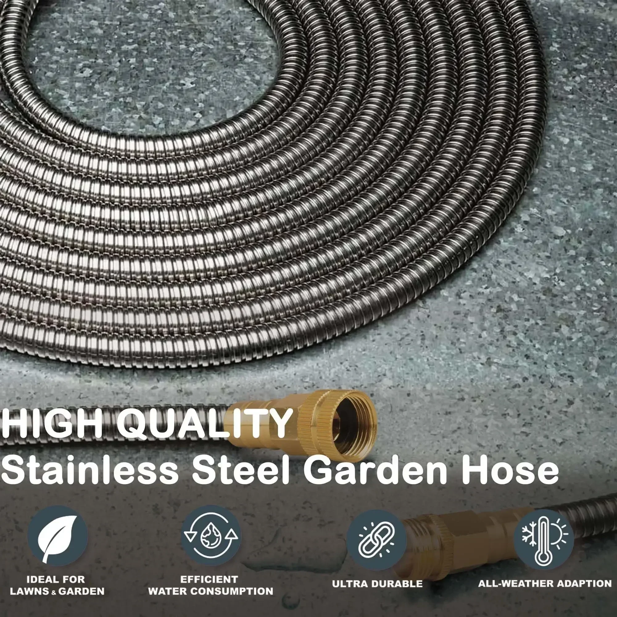 304 Stainless Steel Metal Garden Hose with Brass Fittings, Heavy Duty Water Hose, Kink Free and Flexible, Crush Resistant, Punct