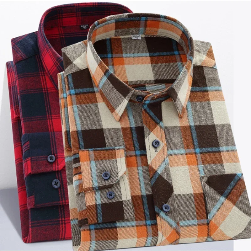 

Large 6XL Men's 100% Cotton Flannel Brushed Plaid Shirt Non-iron Wrinkle Resistant Long Sleeve Fashion Slim Fit Business Casual
