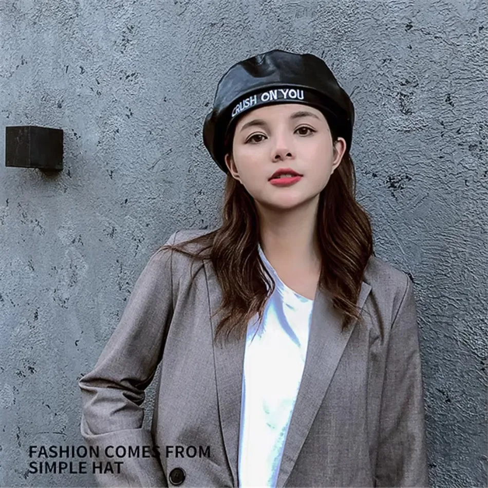 Beret Women\'s Spring Autumn New Embroidered Letter PU Leather Flat Top Japanese and Korean Street Shooting Fashion Bud Hat
