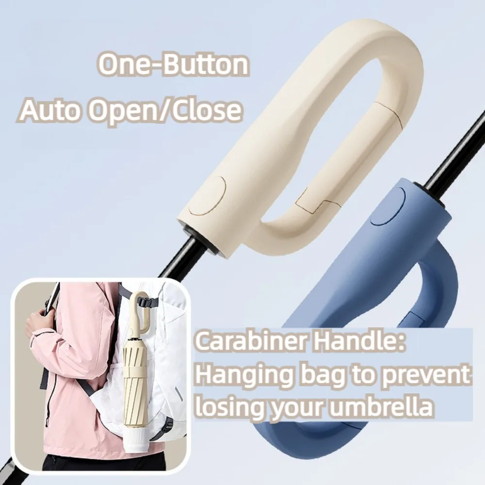 210T Automatic Umbrella Carabiner Handle Waterproof Retractable Cover Fiberglass Ribs Water Bloom Inverted Fold Rain Sunshade