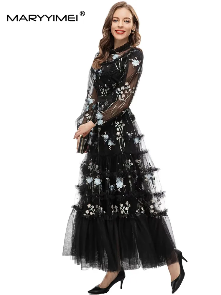 MARYYIMEI Black Mesh Lantern Sleeve dress Autumn Vintage Flower Embroidered Ruffle Waist Up Holiday Party Long Dresses