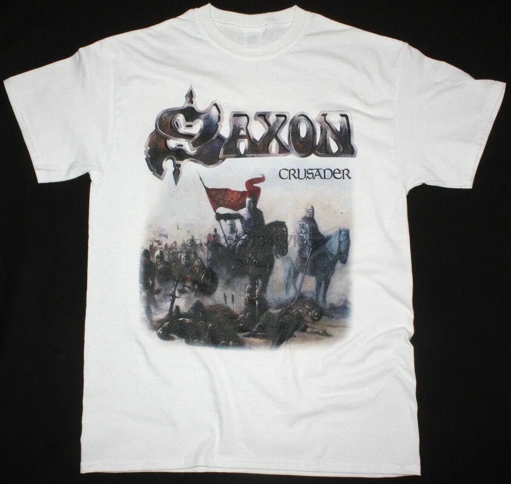 

Saxon Crusader White T-Shirt Heavy Metal Nwbhm Accept Judas Priest Tee Shirt Classic Custom Design