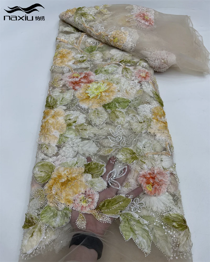 

Madison New Arrival Beaded 3D French Net Lace fabric 2025 African Lace Fabrics With Sequins Embroidery For Wedding Party Dress