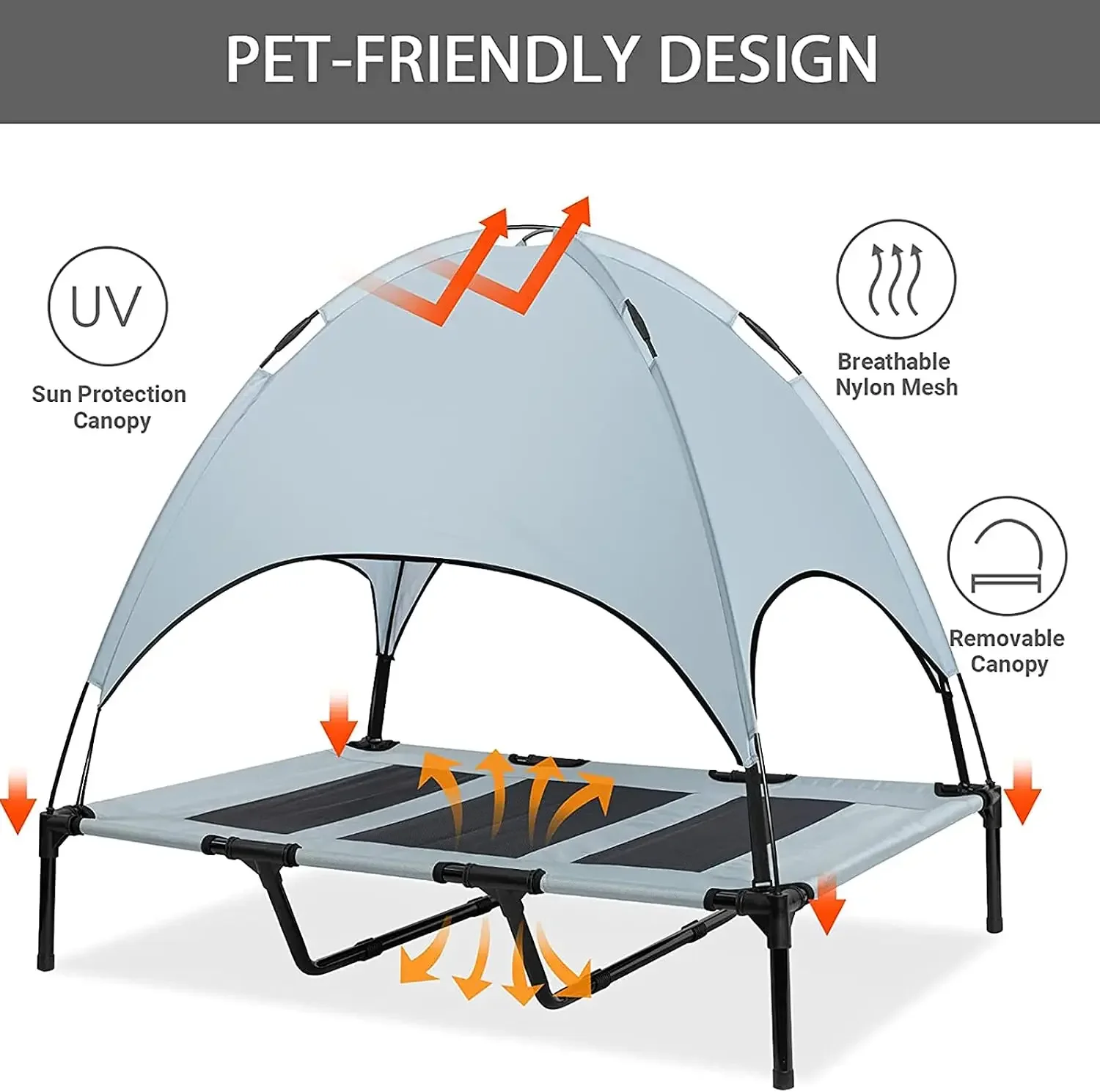 Outdoor Dog Bed with Removable Canopy, Elevated Cooling Dog Bed, Raised Mesh Pet Cot Cat Camping Tents,Breathable Fabric