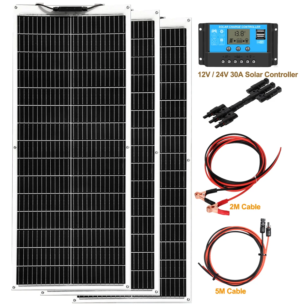 500W 400W 200W 100W Flexibel Zonnepaneel kit Draagbare fotovoltaïsche zonnepanelen PV Connector Kabels 12V 24V Solarpanel module voor Yacht RV, Camping, Home, Boot, Marine, Curve oppervlak - Duurzaam,