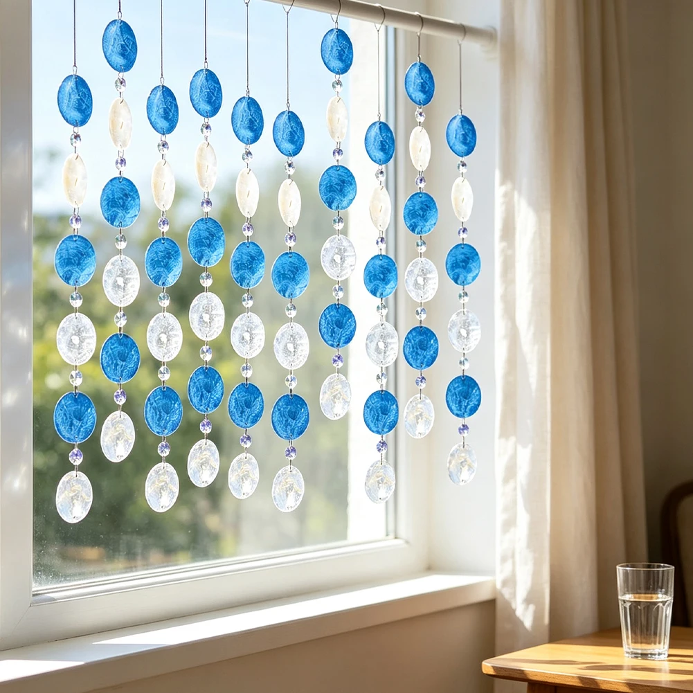 Ozean-Stil Muschel-Scheiben-Vorhang Blau-Weißer Muschel-Perlen-Vorhang für Hochzeit, Geburtstag, Babyparty, Fenster- und Wanddekoration – Detail 6