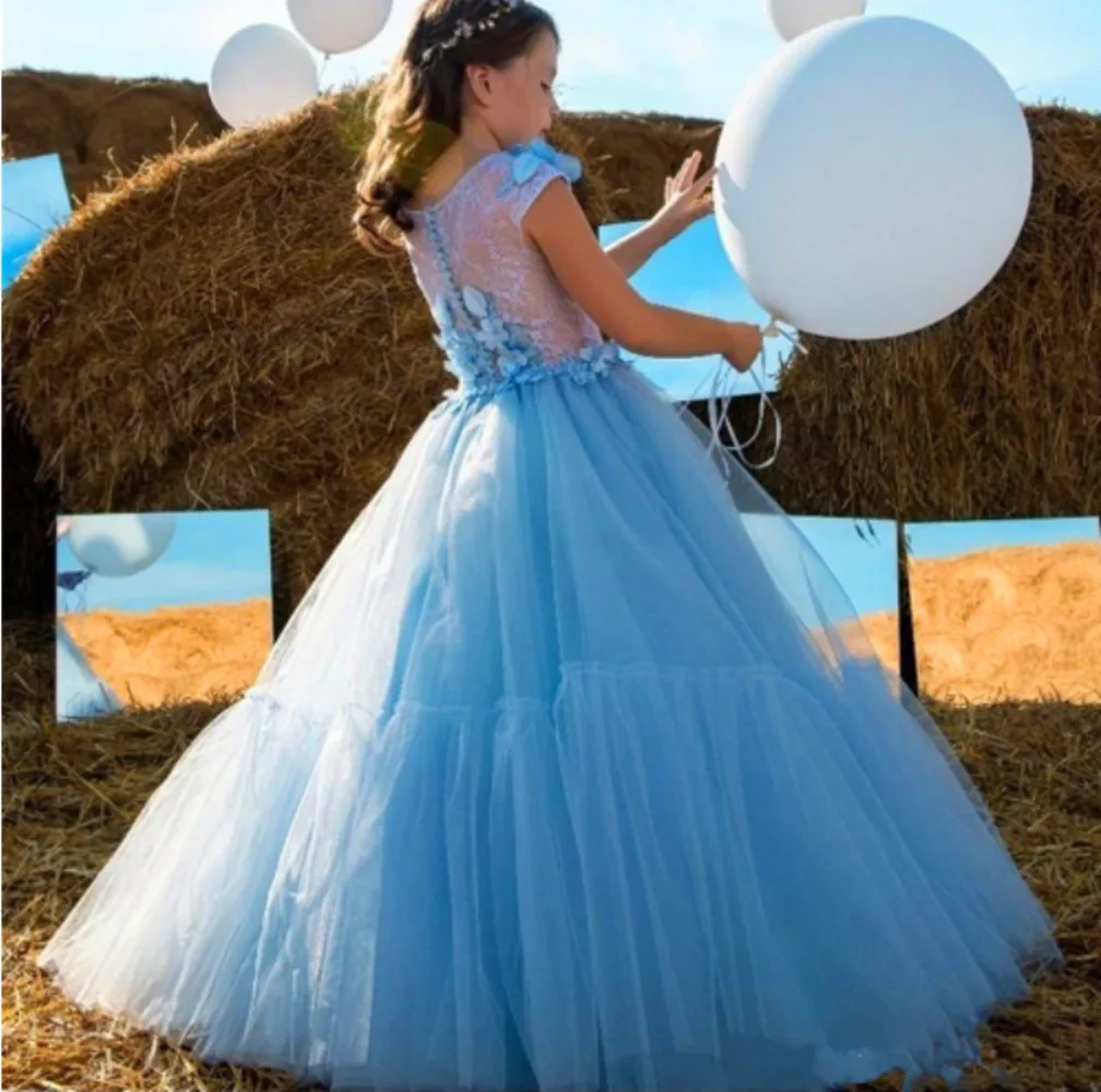 

Flower Girl Dresses Lace Applique Princess Ball Gown Kids Birthday Party First Communion Sleeveless Floor Length Dress