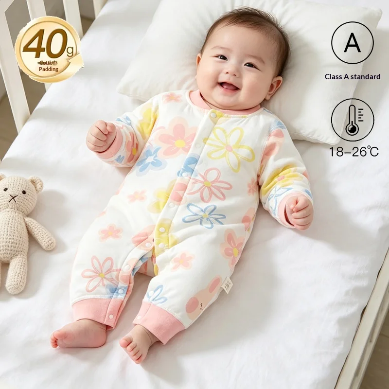 Baby 40g Quilted Jumpsuit, Lightweight Cotton Romper, Soft Warm Long-Sleeve Sleepwear for Spring/Autumn Newborns