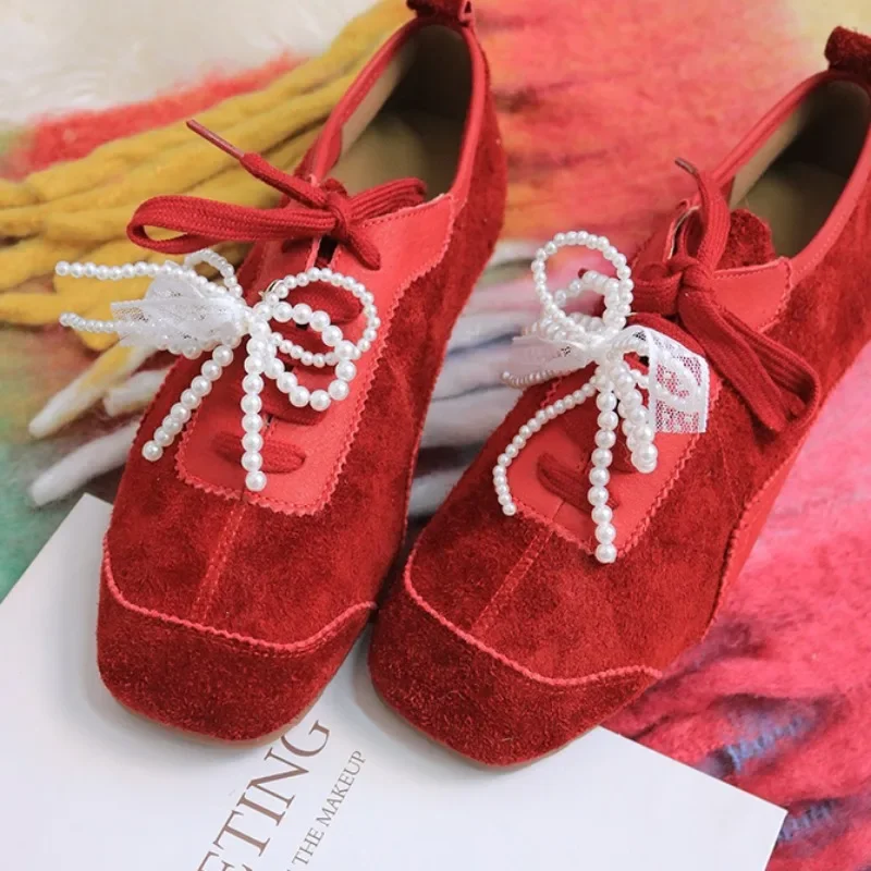 Shoes Female 2025 Lace Up Women's Vulcanize Shoes Outdoor Women Sneakers Round Toe String Bead Bow Tie Ladies Casual Shoes