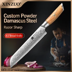 XINZUO 8.5 inch Bread Knife Customzied Damascus Steel  Cake Serving Cutter Sharp Serrated Blade Kitchen Knives with Olive Handle