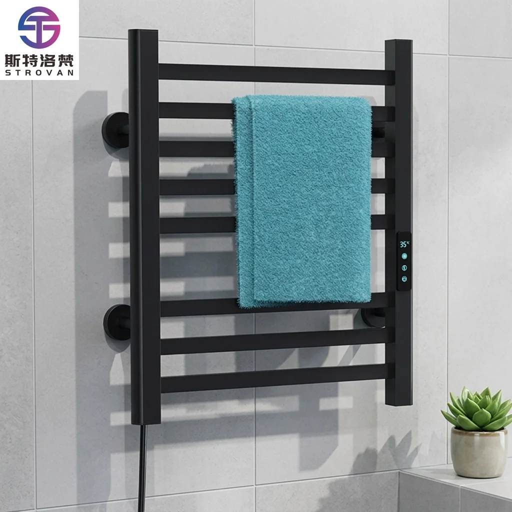Space Aluminum Adhesive Electric Heated Modern Wall-Mounted Waterproof Black Towel Rack with Heater for Bathroom Hotel