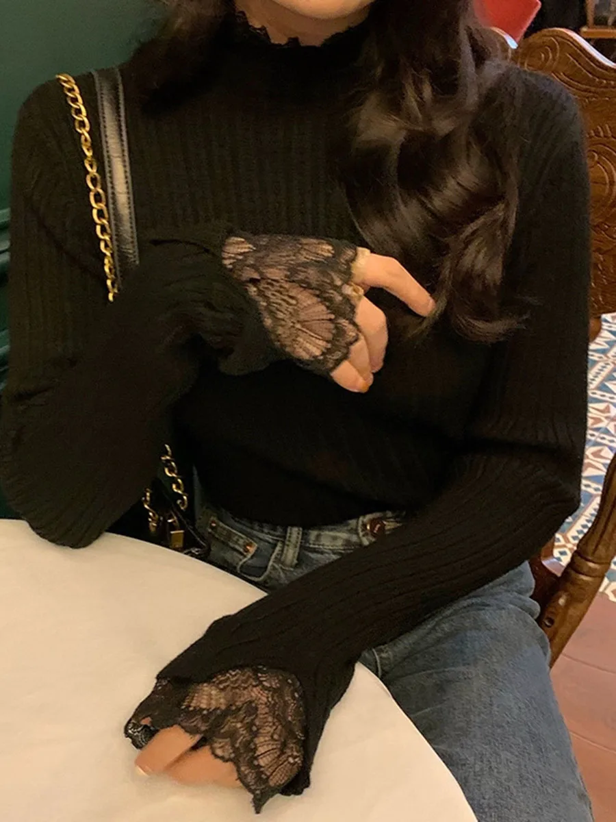 Solid Color Polyester Knit Sweater for Women with Medium Stretch and Lace Accents Suitable for Commuting and Outdoors