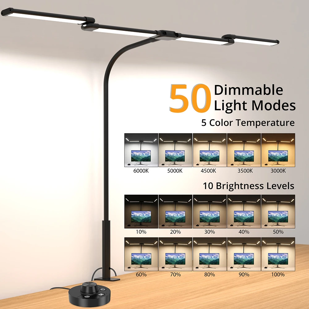 24W Ultra-bright 45in Arm LED Eye-caring Computer Desk Light with Clamp 4-Head 5 Color Temperature 10 Brightness Home Table Lamp