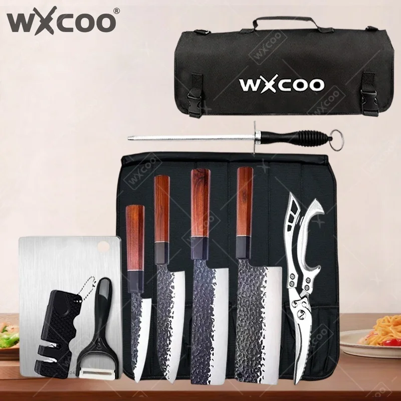 WXCOO Stainless Steel Forged Kitchen Chef Knife Butcher Knife Utility Knife Wooden Handle Household Fruit Cutter Canvas Roll Bag